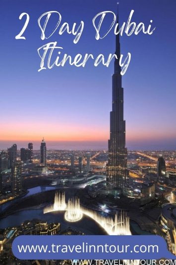 View of the Burj Khalifa at sunset with cityscape and Dubai Fountain, perfect for a 2-day Dubai itinerary.