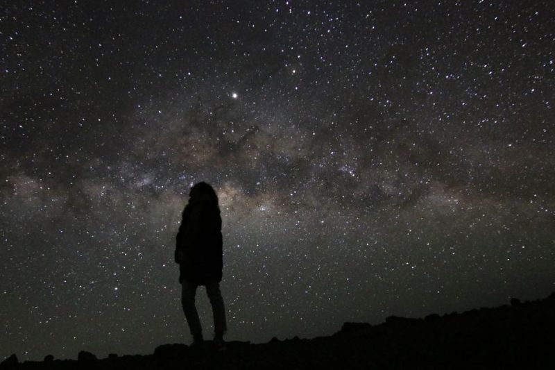 Silhouette of a person stargazing under a clear, starry sky in Hawaii, with the Milky Way visible, capturing the essence of outdoor adventures and natural beauty.