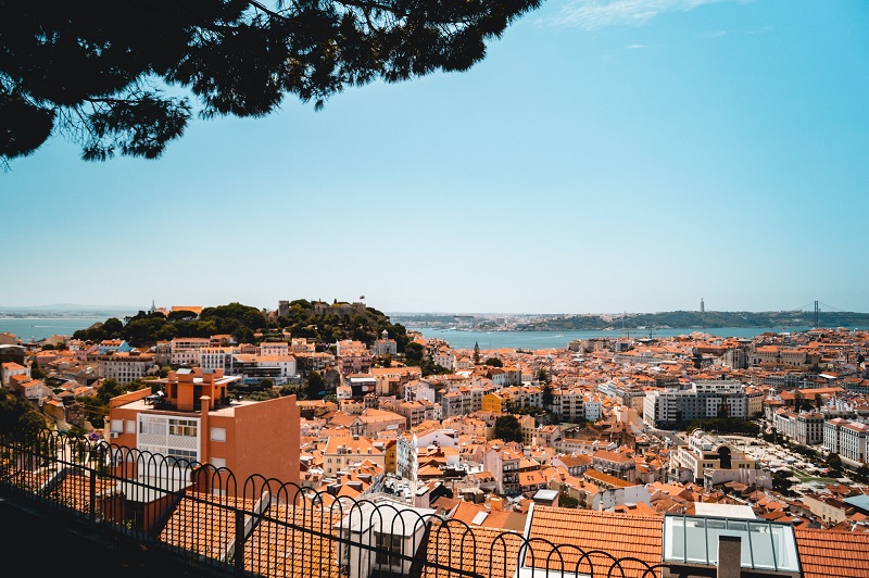 A panoramic view of Lisbon's colorful rooftops and historic buildings under a clear blue sky, with the Tagus River and iconic 25 de Abril Bridge in the background.
