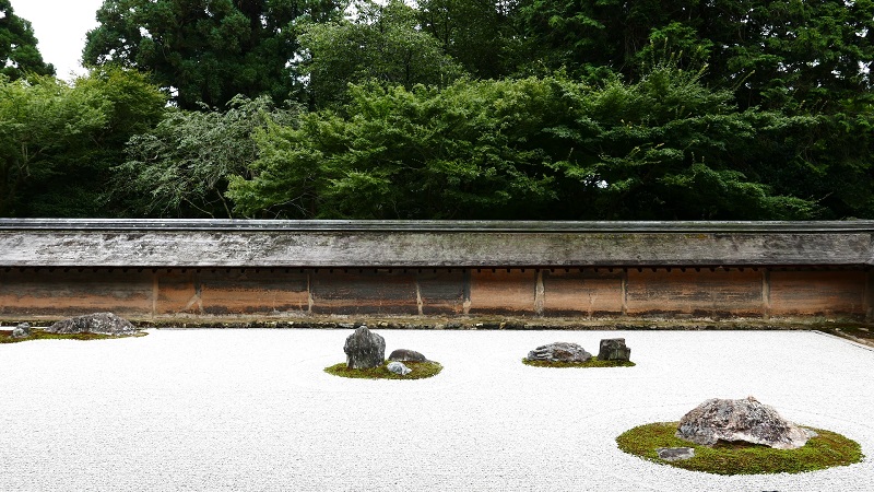 Zen rock garden with carefully arranged stones on raked gravel, surrounded by lush green trees at a Kyoto temple.