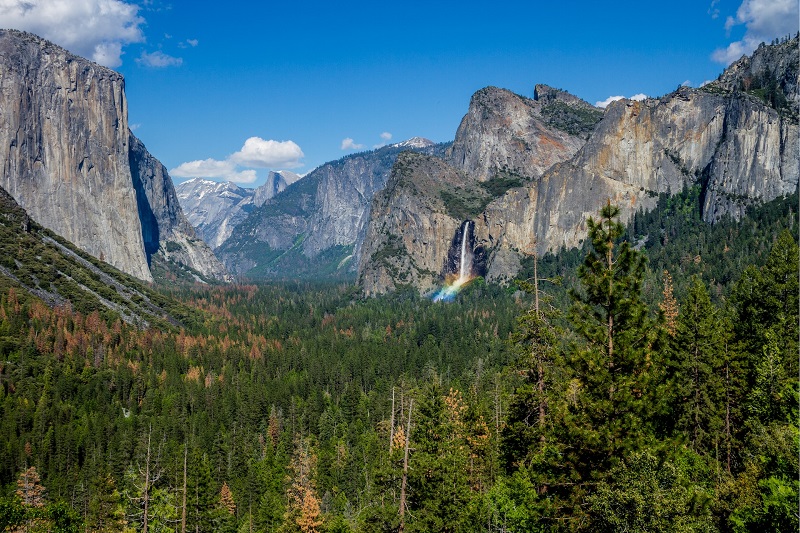 Panoramic view of Yosemite Valley with a waterfall creating a rainbow, surrounded by granite cliffs and lush green forest under a bright blue sky.