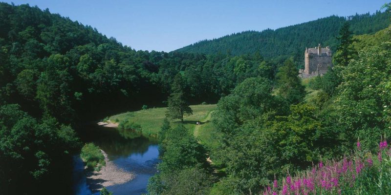 Scenic view of a lush green landscape in Scotland featuring a river and a historic castle, surrounded by dense forest, highlighting the beauty of Scottish nature for a perfect vacation.
