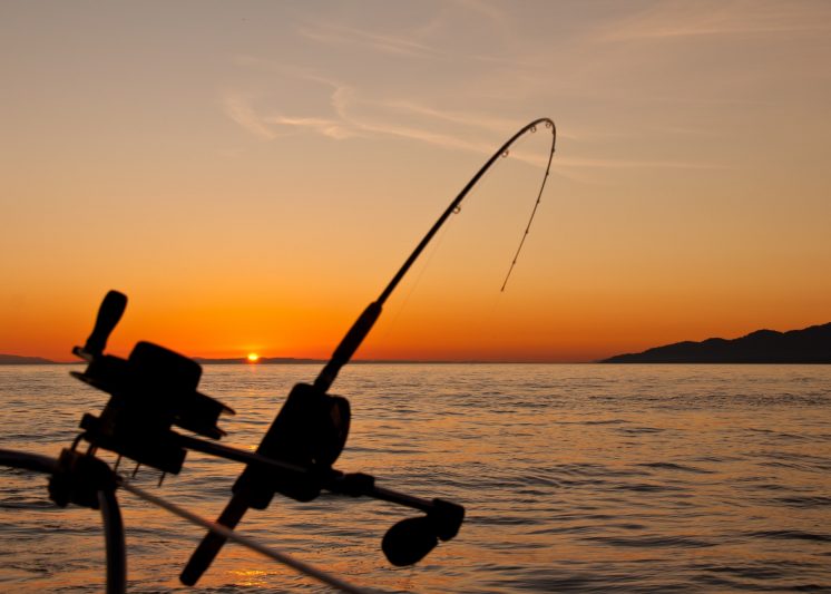 Fishing rod silhouetted against a vibrant sunset over a lake, highlighting Canada's top fishing destinations.