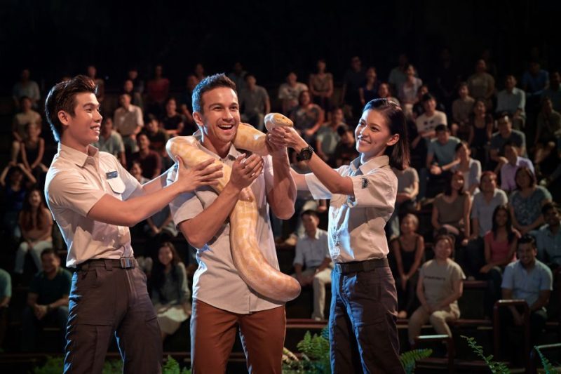 A man joyfully holds a large snake, assisted by two staff members, at Singapore Night Safari's animal encounter show, with an audience watching in the background.