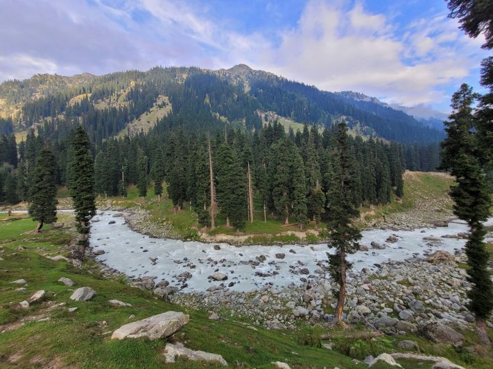 Lush green valley with dense pine forests, a winding clear river, and distant mountains under partly cloudy skies, showcasing the scenic beauty of the Kashmir Great Lakes Trek.