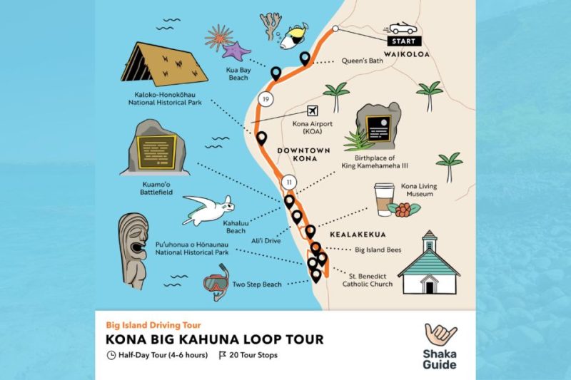 Map of the Kona Big Kahuna Loop Tour highlighting top attractions like Kaloko-Honokōhau National Historical Park, Queen's Bath, Pu'uhonua o Honaunau National Historical Park, and other cultural sites in Kona, Hawaii.