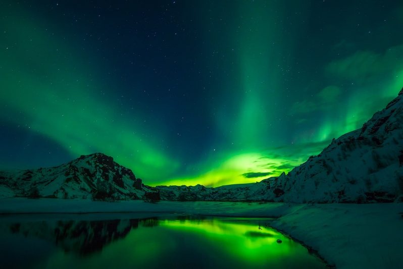 Northern Lights over a snowy mountain landscape reflecting in a calm lake at night in Iceland.