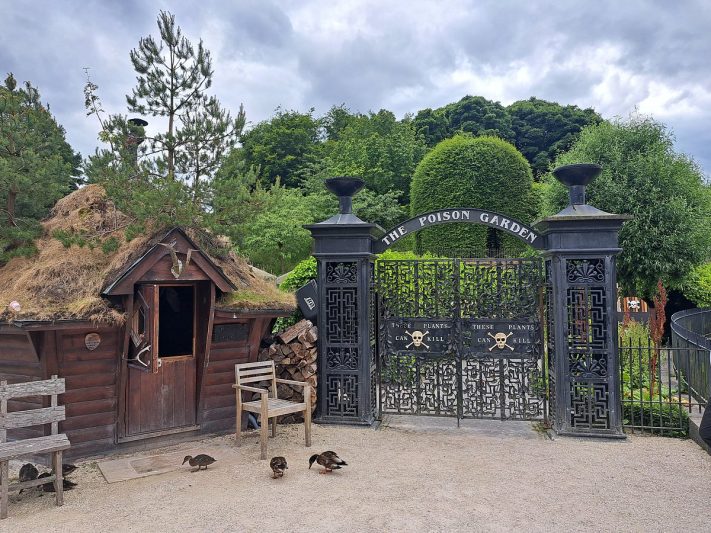 Entrance to Alnwick Poison Garden in the UK featuring ornate black metal gates with warning signs about dangerous plants, surrounded by lush greenery. Educational tours at this historical site showcase various forbidden plants.